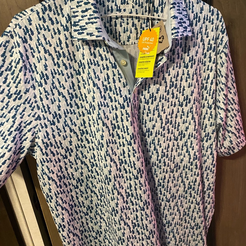 Puma Men's Blue and White Pattern Polo